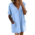 thumbnail image 3 of Efsteb Women's Cotton Tunic Dress V-Neck Short Sleeve Casual Loose Fit Short Dress with Side Pockets （Sky Blue,L）, 3 of 7