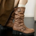 thumbnail image 3 of Womens Slouchy Motorcycle Boots Wide Calf Retro Leather Round Toe Chunky Heel Pull on Mid Calf Riding Booties, 3 of 9