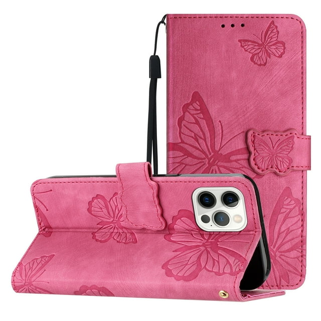 Compatible with iPhone 15 Pro Embossed Butterfly Case with Wallet and Kickstand Cover