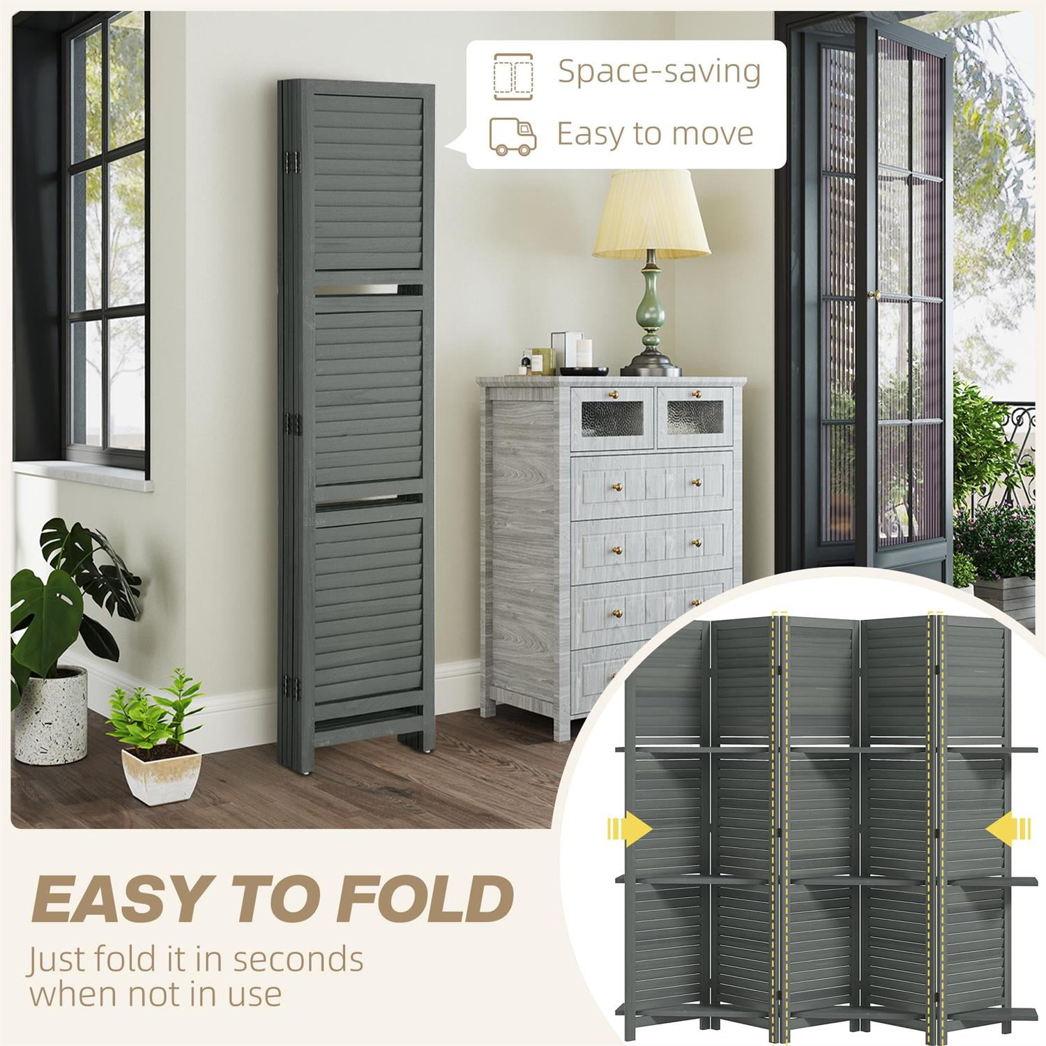 Demi Bonn 67" Tall Wood Privacy Screen Room Divider with 5 Panels, 3 Shelves, Folding Storage for Bedrooms, Gray