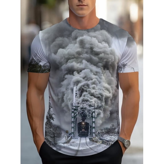 Men's Train Theme Short Sleeve T-Shirt - Soft and Breathable Summer Casual Crew Neck T-Shirt with Train Print, Grey Train Conductor and Railway Design for Outdoor Activities,