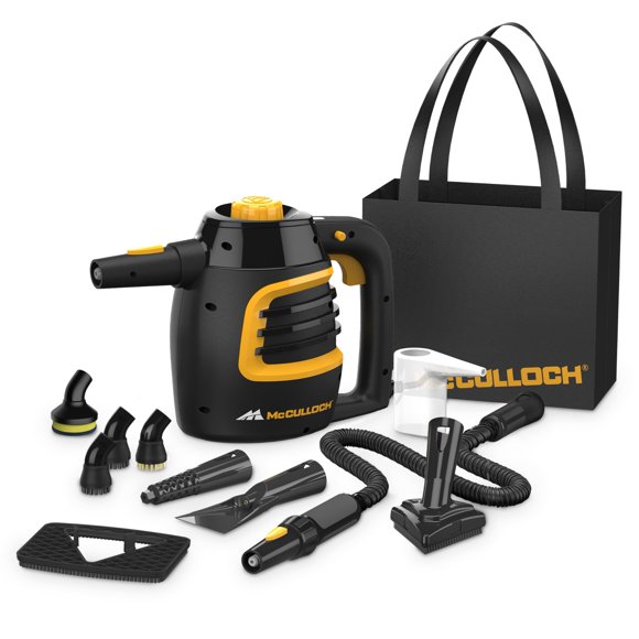 McCulloch MC1230 Handheld Steam Cleaner, 10 Minute Runtime, 11 Accessories: Jet Nozzle, Brushes, & More - Built for Home, Tile, Grout, Carpet, Furnit