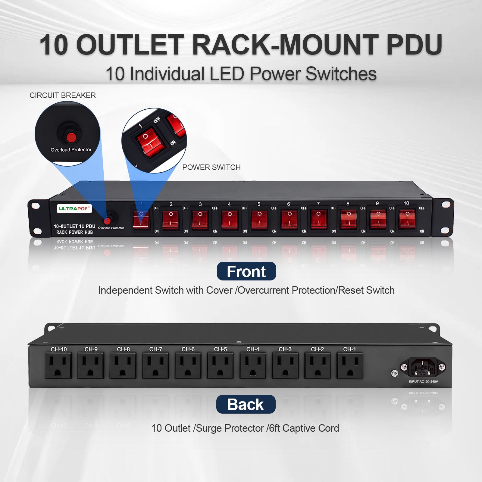 ULTRAPOE PDU Power Strip Surge Protector, 10-Outlet, 1U Network-Grade, Full Metal, Rackmount