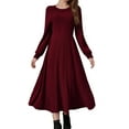 thumbnail image 4 of CharmCyan Women’s Long Sleeve Pleated Maxi Dress with Crew Neck Solid Ribbed Knit Fabric Elegant A Line Casual Style Comfortable Fit Wine S, 4 of 9