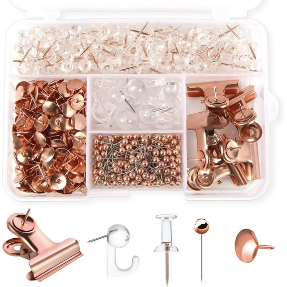 465pcs Clear Push Pins Set, Metal & Plastic Pushpins Clips Thumb Tacks and Push Pins for Cork Board Bulletin Board Wall 5 Styles Office Supplies (Rose Gold)