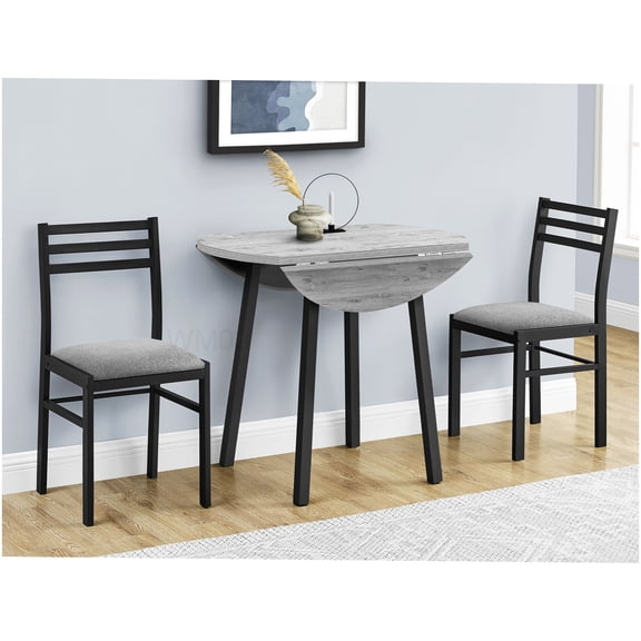 Modern Small Dining Table Set for 2, 35 Inch Round Drop Leaf Kitchen Table with Grey Laminate Top and Black Chairs, 3pc Contemporary Set