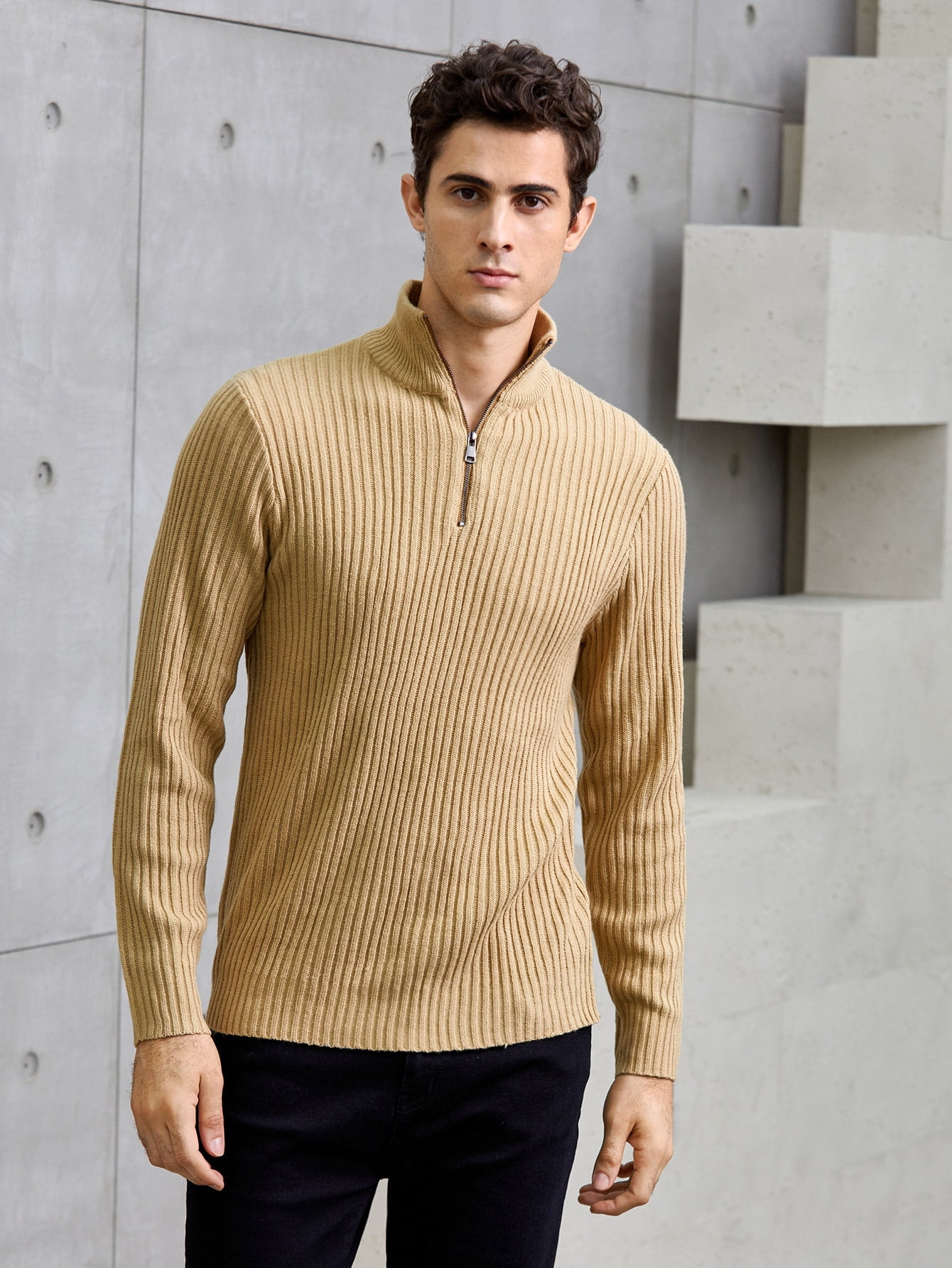 Khaki BASICS Men Half Zip Ribbed Knit 