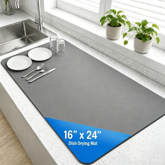 Qutool Dish Drying Mat, 16 x 24 in Absorbent Coffee Mat for Kitchen Counter, Rubber Backed Coffee Bar Mat, Gray