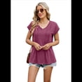 thumbnail image 2 of Blusas de Mujer de Corta de Verano, Informales, con Cuello en V, Blusas Lisas, Túnicas Plisadas Vino Tinto L, 2 of 9