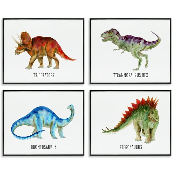 Stupell Industries Educational Dinosaur Types Animals Painting Black Framed Art Print Wall Art, 14 x 11, Set of 4