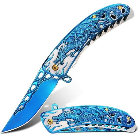 Pocket Knife for Men Cool Folding Knife With 3D Blue Dragon Embossed Relief Great Christmas Gift Edc Knife For Men Outdoor Survival Camping