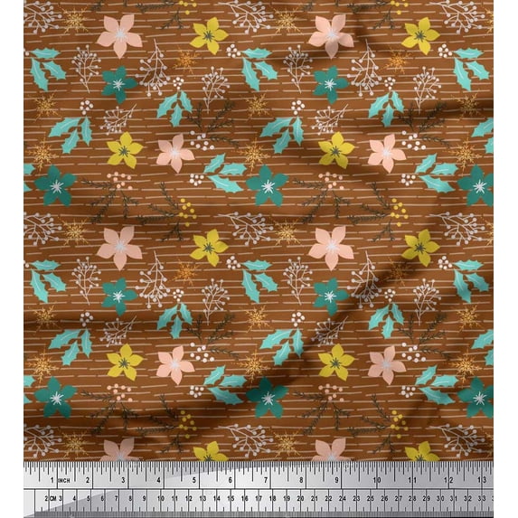 Soimoi Cotton Duck Fabric Holly Leaves & Yellow Flower Floral Print Fabric by The Yard 42 Inch Wide