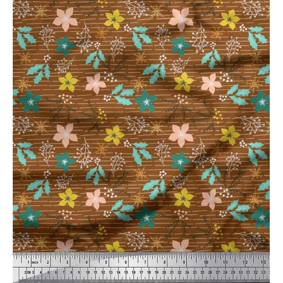 Soimoi Cotton Duck Fabric Holly Leaves & Yellow Flower Floral Print Fabric by The Yard 42 Inch Wide