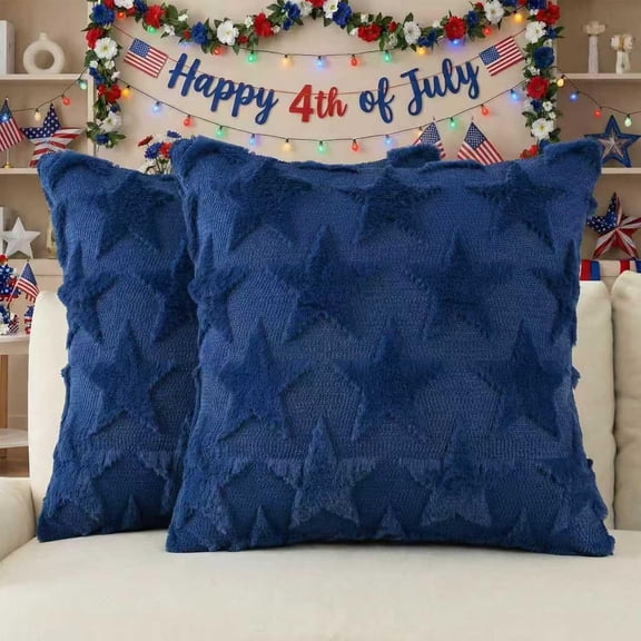 4th of July Stars Patriotic Throw Pillow Covers, 20 x 20 Inch Independence Memorial Day Soft Plush Faux Fur Jacquard Cushion Case Decoration for Sofa Couch Set of 2