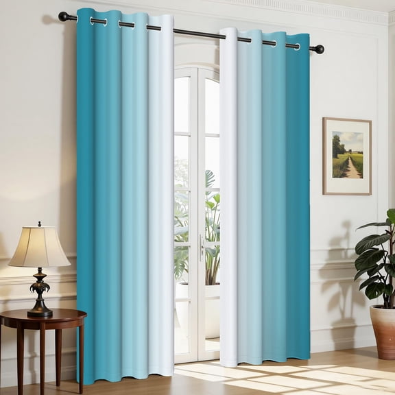 Aofoto Ombre Blackout Curtains for Bedroom, Teal White Gradient Patterned Noise Reducing Thermal Insulated Window Treatment Drapes, 2 Panels, 52 x 84 Inch