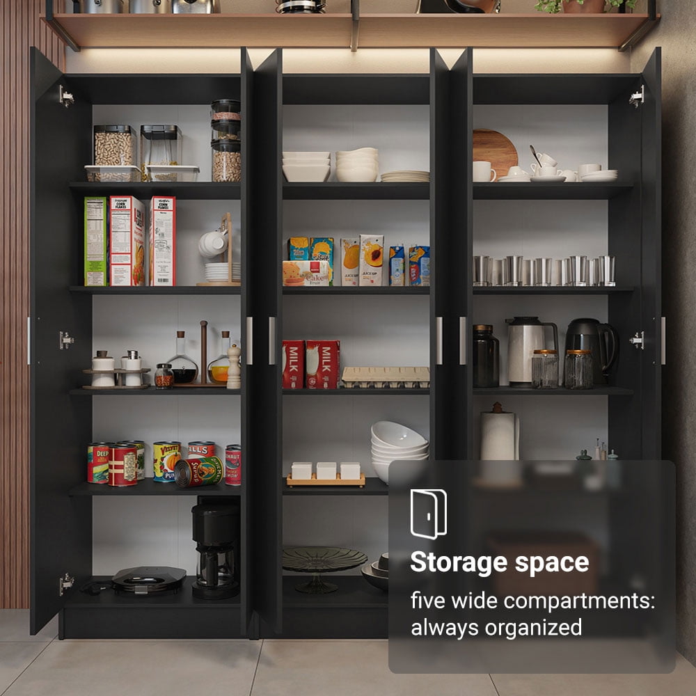 Madesa Kitchen Set 3 Pantry Storage Cabinet with 15 Utility Shelves 71"L Wooden Organization Unit for Kitchen - Black