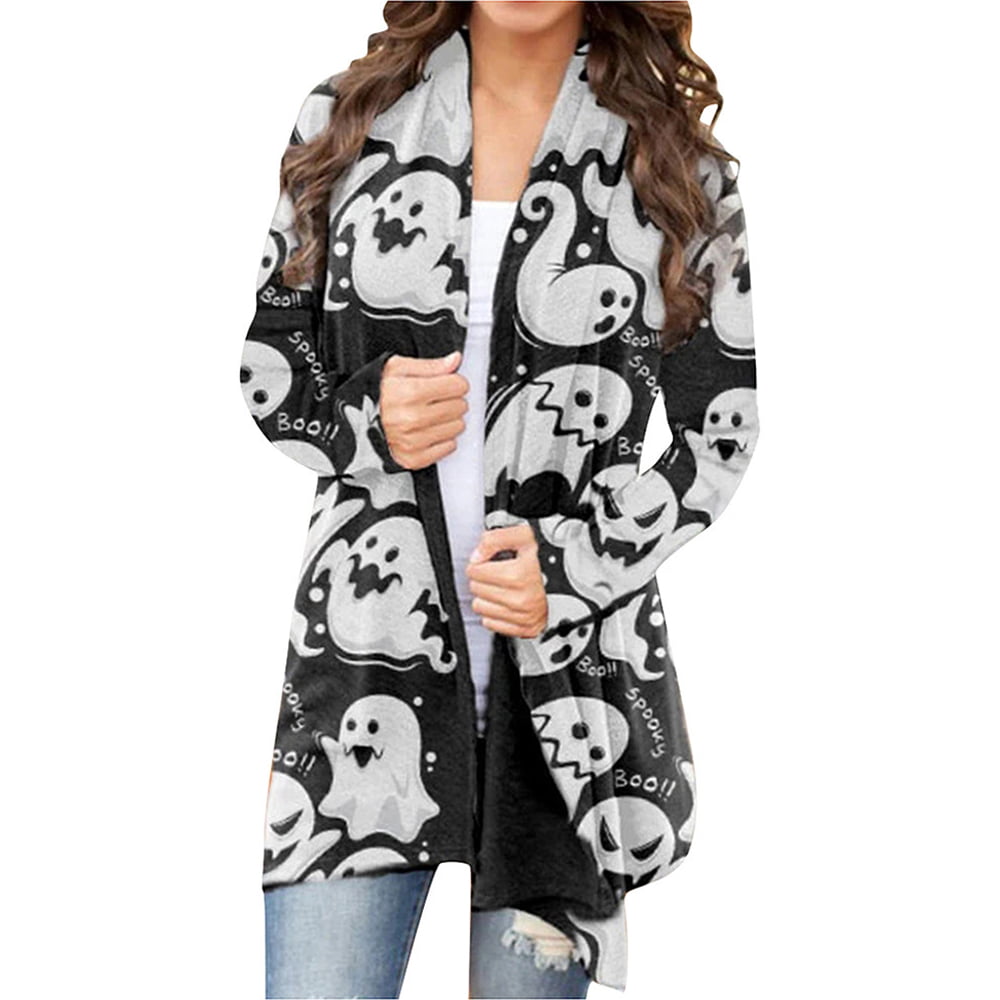 Women's Pumpkin Cat Cardigan Halloween Long Sleeve Open Front Knit Sweater Overwear Coat Plus Size Sweatshirt S-5XL Black 