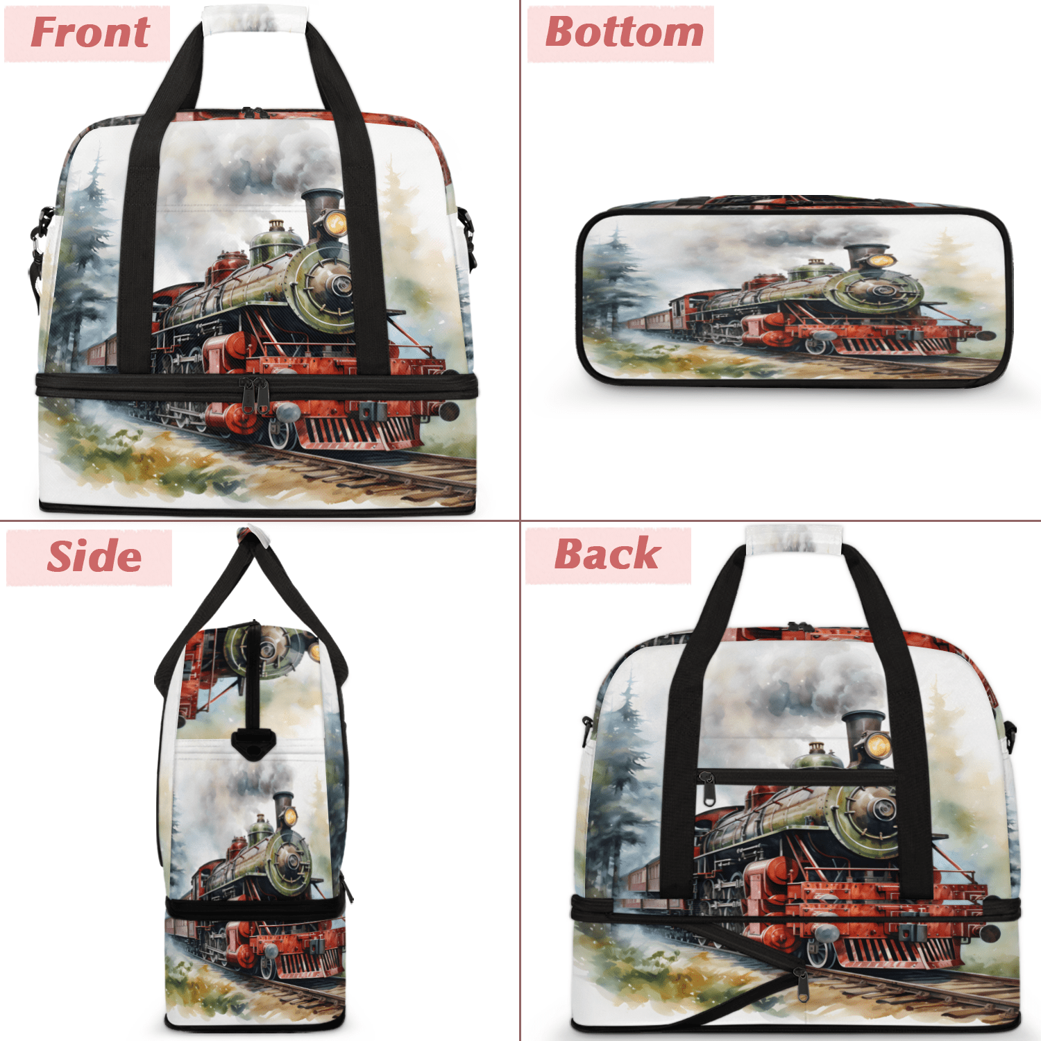 Herdesigns Retro Steam Train Foldable Travel Duffle Bag for Women and Men Lightweight Carry On Overnight Bag Vintage Old Train Gym Luggage Weekender Bags with Shoe Compartment