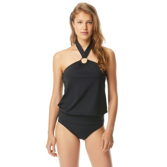 Michael Kors BLACK Logo Ring Blouson Halter Tankini Top, US XS, NWOT
