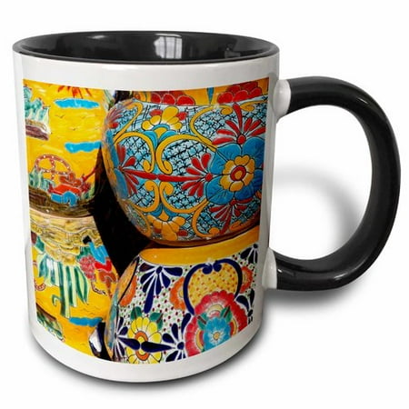 Mexico Mexican Pottery 3dRose Arizona, Tucson, Tubac. Traditional hand-painted Mexican pottery. , Two Tone Black Mug, 11oz ()