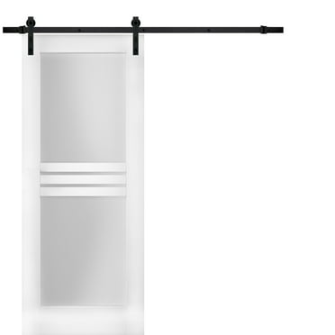 Modern Barn Door Opaque Glass 4 Lites / Mela 7222 White Silk / 6.6FT Rail Track Heavy Hardware Set / Solid Panel Interior Doors
