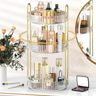 Kisportee 360° Rotating Makeup Organizer for Vanity, 3 Tier Large Skincare Make Up Storage Perfume Organizers for Bathroom Counter, Clear Cosmetic Dresser Lipstick Spinning Holder