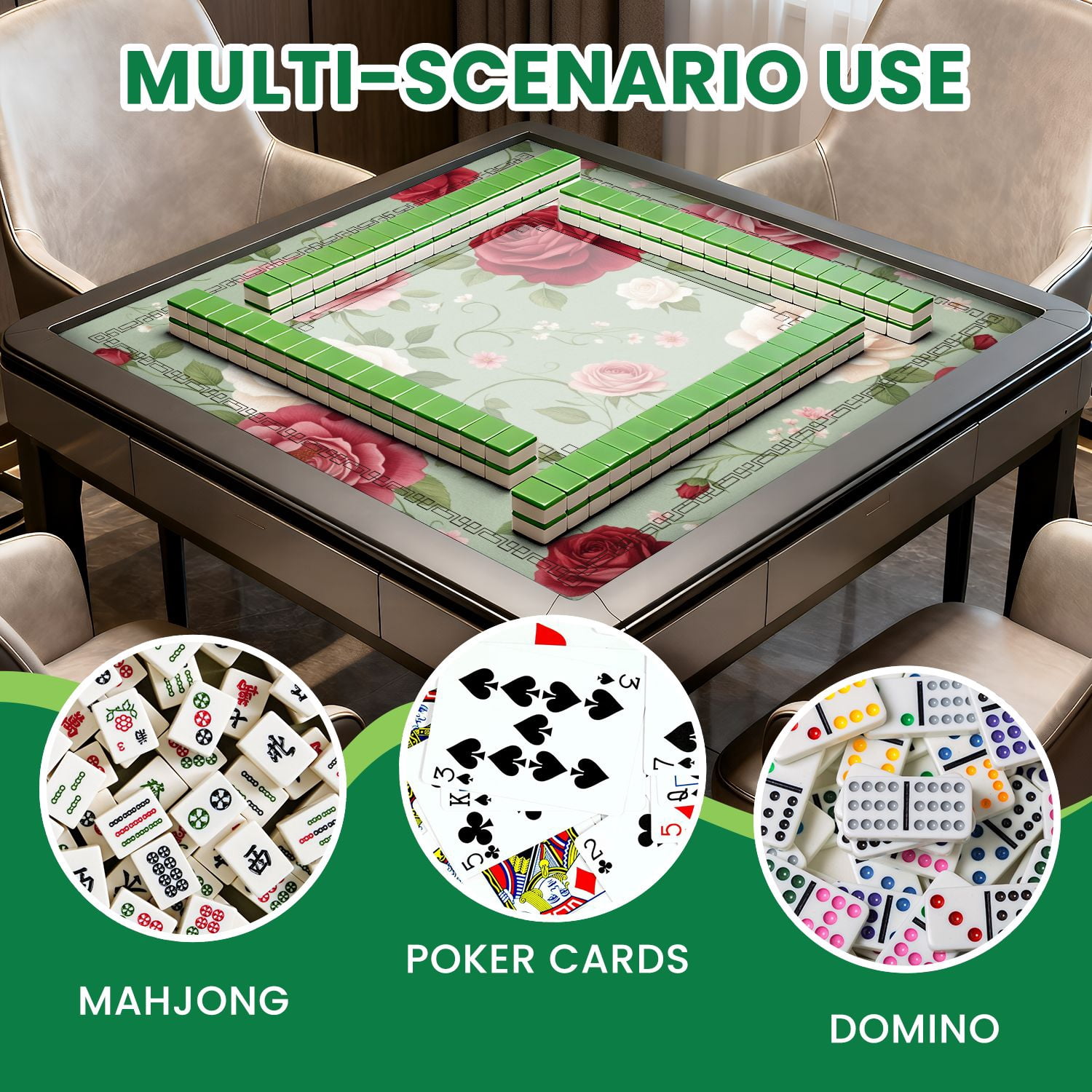 Mahjong Mat 31.5" x 31.5" Vintage Floral Roses Red Pink White Green Non-Slip Noise Reduction American Mahjong Tiles Table Cover for Dominoes Poker Card Board Games Gift