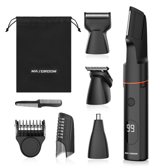 Recortadora de vello corporal MAXGROOM 4 en 1 para hombre, impermeable, negra
