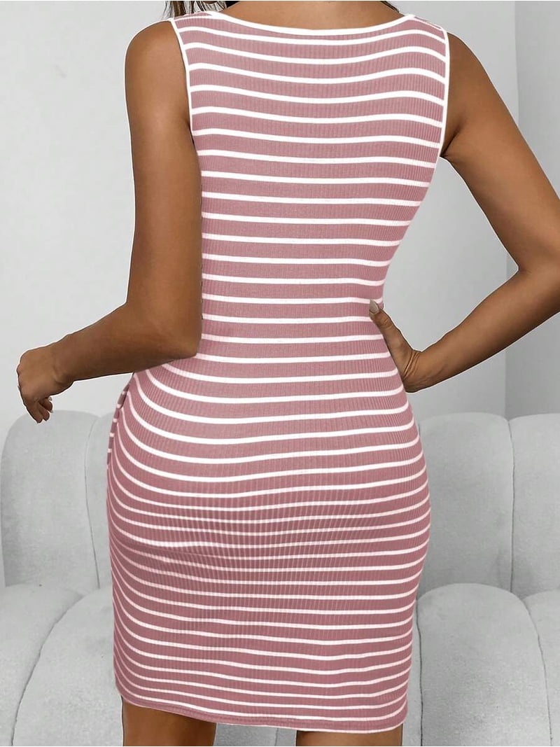 pink and white striped bodycon dress SHEIN Pink Striped Bodycon Midi Dress Wedding Guest Fall Cocktail Dresses Slim Fit Knitted Round Neck Sleeve Elegant Sexy Summer