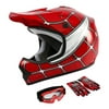 TCMT DOT Helmet for Kids & Youth Red Spider Net with Goggles & Gloves for Atv Mx Motocross Offroad Street Dirt Bike M Size