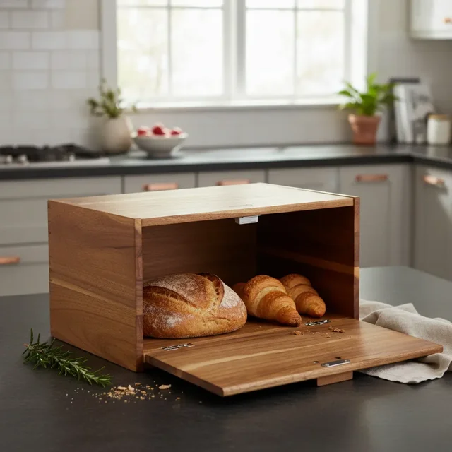 Panera de Madera Acacia con Tapa Abatible para Cocina