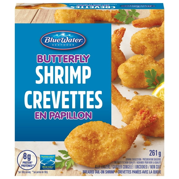BlueWater Seafoods Butterfly Shrimp Whole Shrimp, Breaded with Crunchy Panko Breadcrumbs, Frozen, 261 g Package, Crunchy butterfly shrimp with panko breading