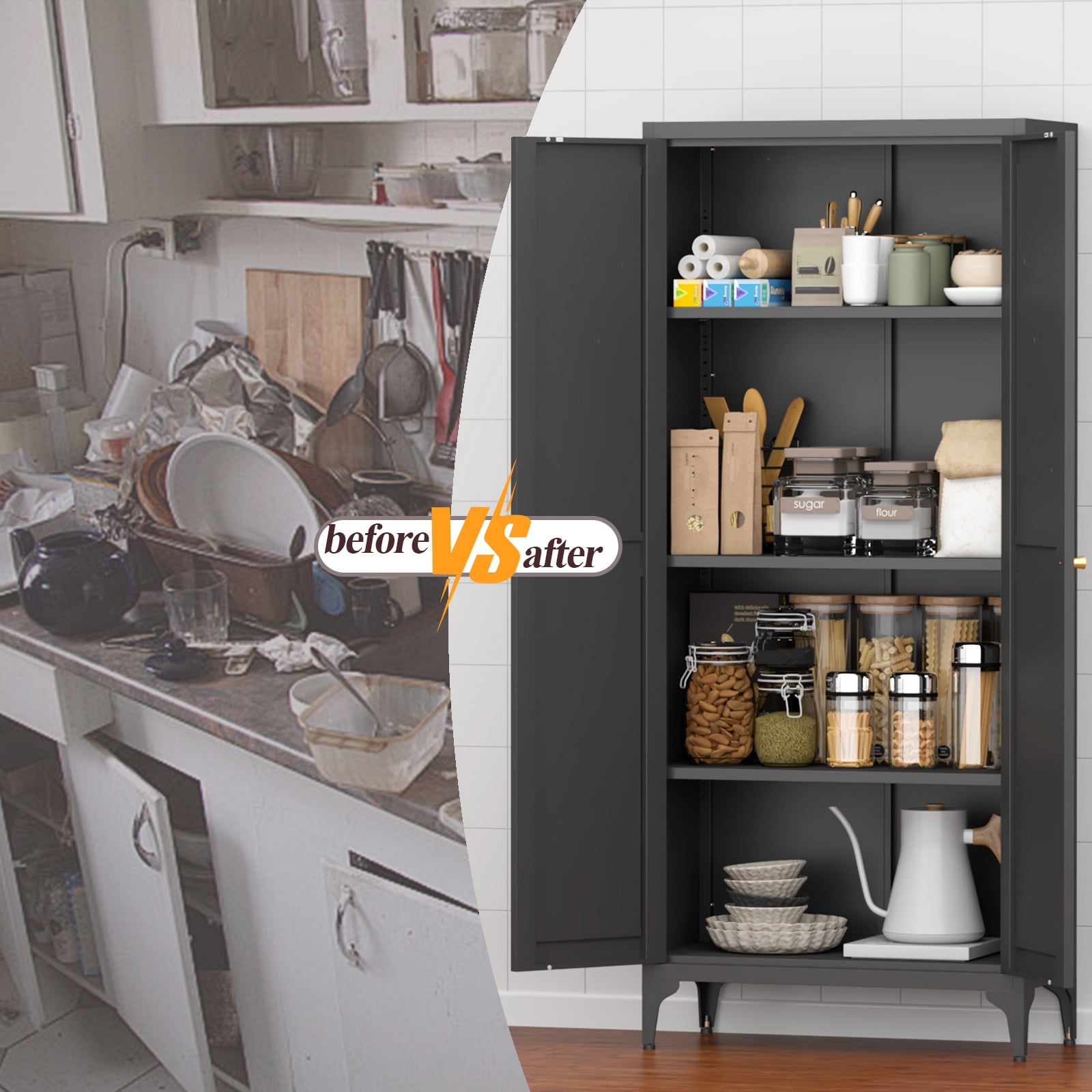 Aukfa 65" Freestanding Kitchen Pantry Storage Cabinet with 4 Adjustable Shelves, Metal Food Pantry Cupboard for Kitchen/Garage/Office, Black