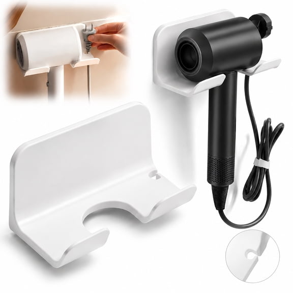 Emlimny 1-Pack Universal Self-Adhesive Hair Dryer Holder Wall Mount, Blow Dryer Holder with Plug & Cord Organizer hair Dryer Holder Wall Mounted for Bathroom, Cabinet, Vanity