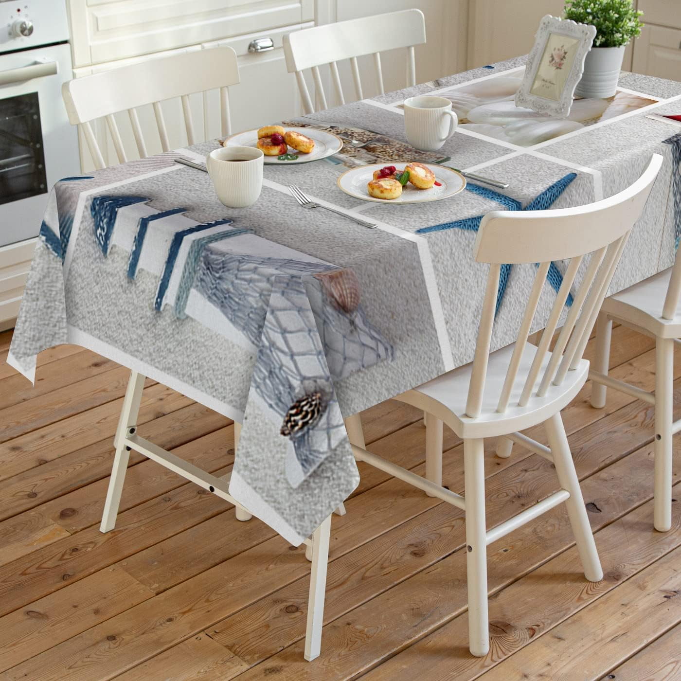 Waterproof Tablecloth Rectangle Washable Table Cloths Summer Lighthouse Starfish Drifting Bottle in Plaid Oil Proof Tables Cover for Kitchen Dining/Party/Holiday/Picnic Tabletop Ocean Beach Check