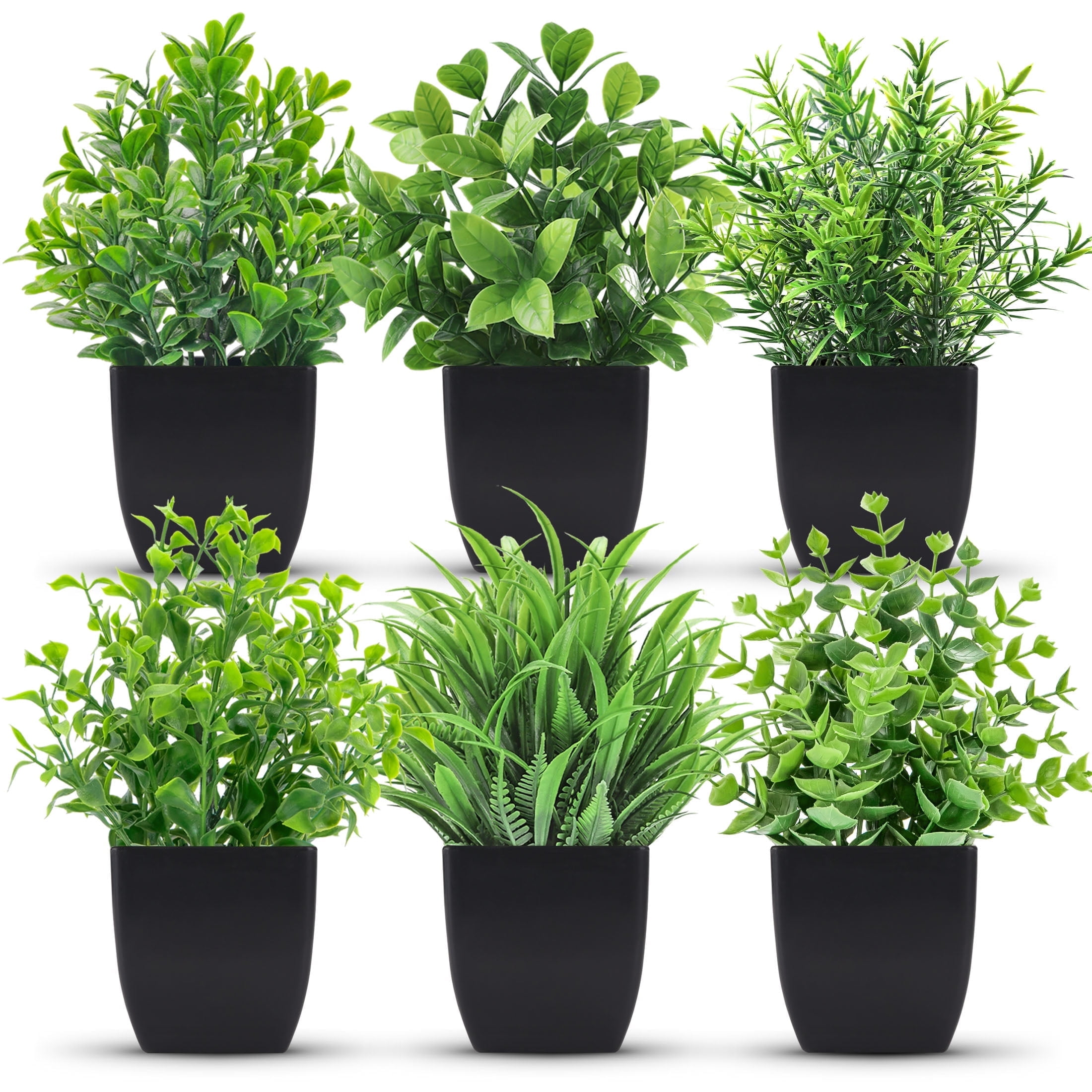 6 Pack Small Fake Plants Artificial Potted Faux Plants for Home Office Farmhouse Bathroom Shelf Decor Indoor(Black Pot)