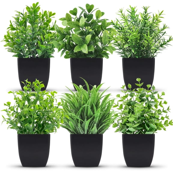 6 Pack Small Fake Plants Artificial Potted Faux Plants for Home Office Farmhouse Bathroom Shelf Decor Indoor（Black Pot）