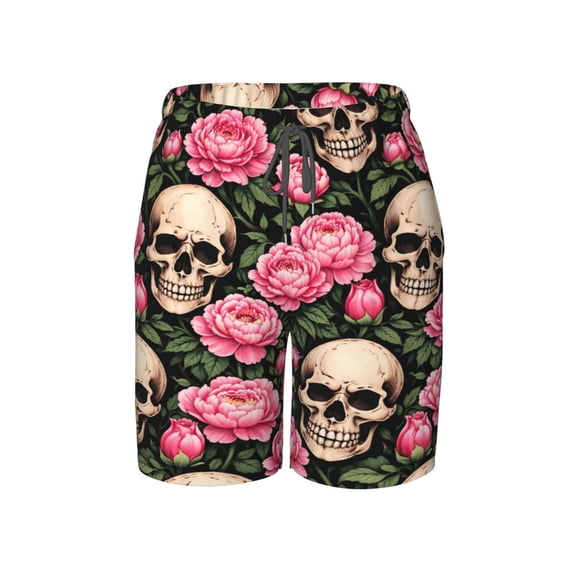 Gothic Floral Skull Beach Pants Lightweight and Quick-Drying Teen Shorts with Mesh Lining and Drawstring