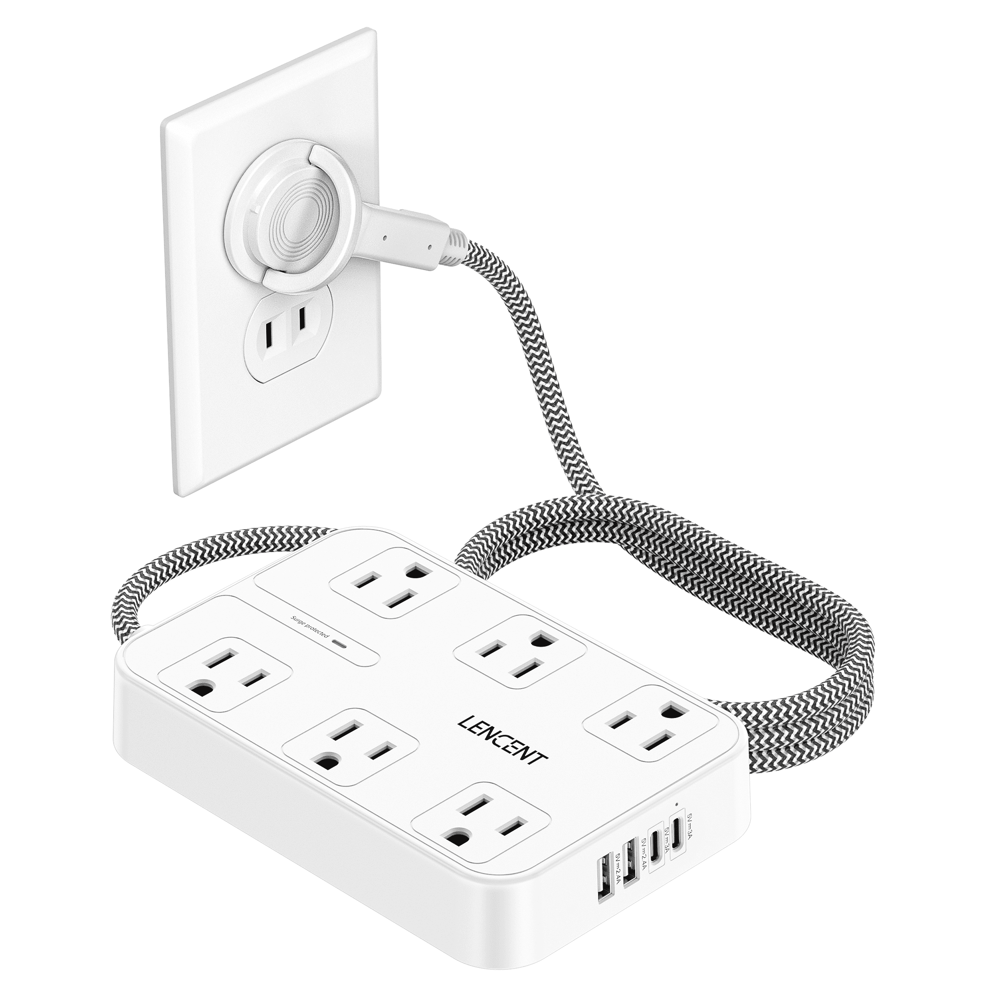LENCENT Power Strip 2 Prong Surge Protector,6ft Extension Cord for Indoor,2 to 3 Prong Outlet Adapter Thin Flat Polarized Plug 6 AC&4 USB (2 Type-C),Wall Mount Outlet for Home
