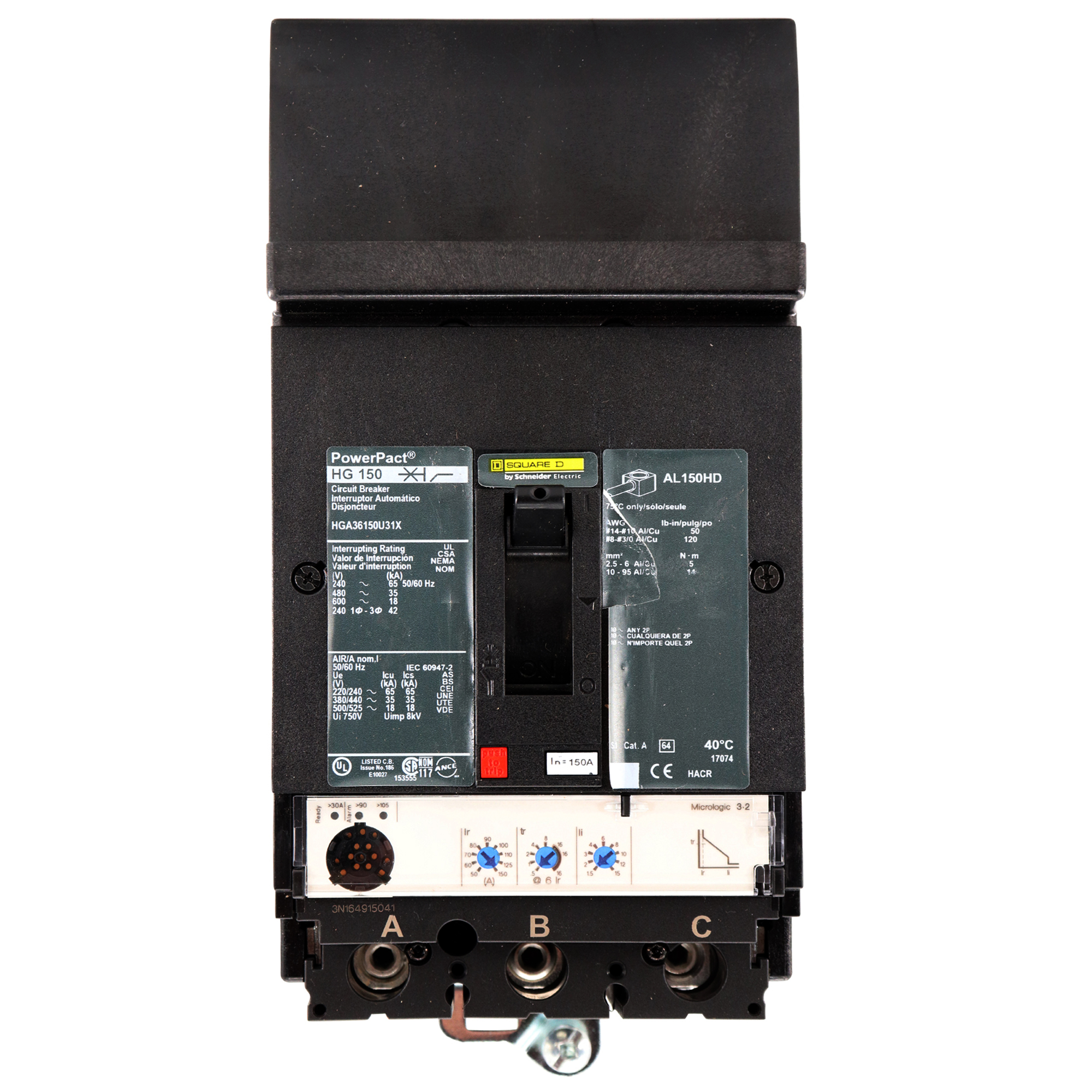 Square D HGA36150U31X PowerPact Circuit Breaker, HGA150, 3Pole, 150A