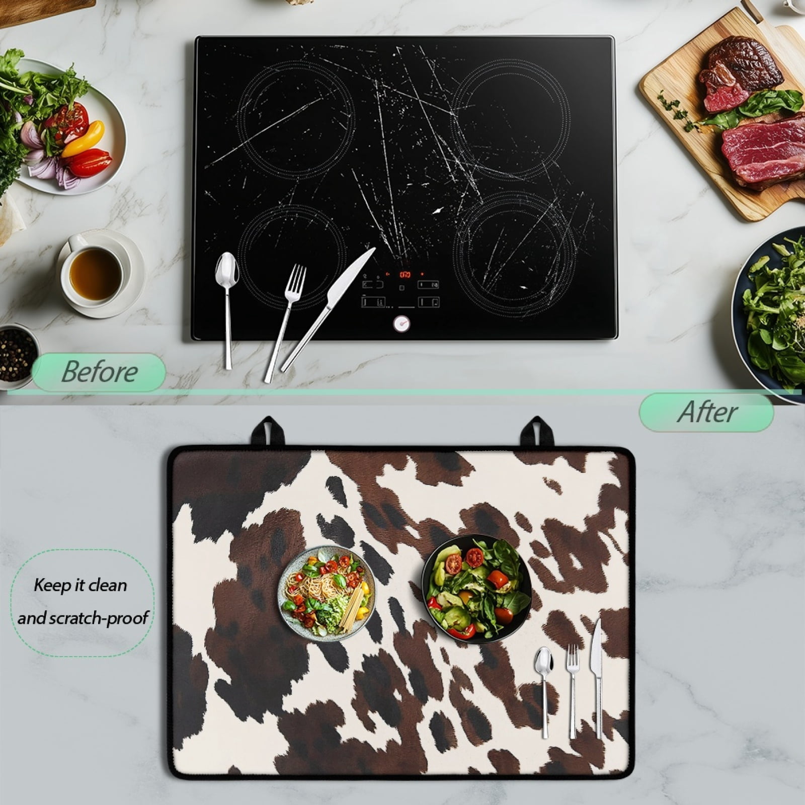 Renewold Electric Stove Top Cover for Stove Top, Induction Electric Stove Protector Non-slip Glass Cooktop Cover Range Cover Multipurpose Flat Top Stove Mat, Brown Black Cow Print