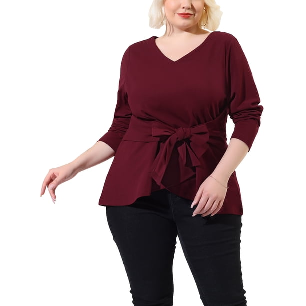 Blusas de talgrande pamujer, manlarga, cuello en V, tejido suelto, con cinturón, nudo, corbata, blusuperior de trabajo borgoXXL