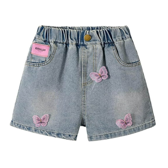 NAFUU Girls Ripped Denim Shorts Stretch High Waisted Straight Leg Jean Shorts Fashion Casual Pink Butterfly Denim Shorts 4-5 Years