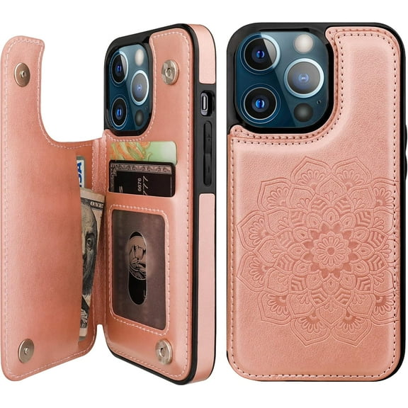Compatible with iPhone 13 Pro Case Wallet with Card Holder, Embossed Mandala Pattern Flower PU Leather Double Buttons Flip Shockproof Cover for Magnetic Car Mount 6.1 Inch (Rose Gold)