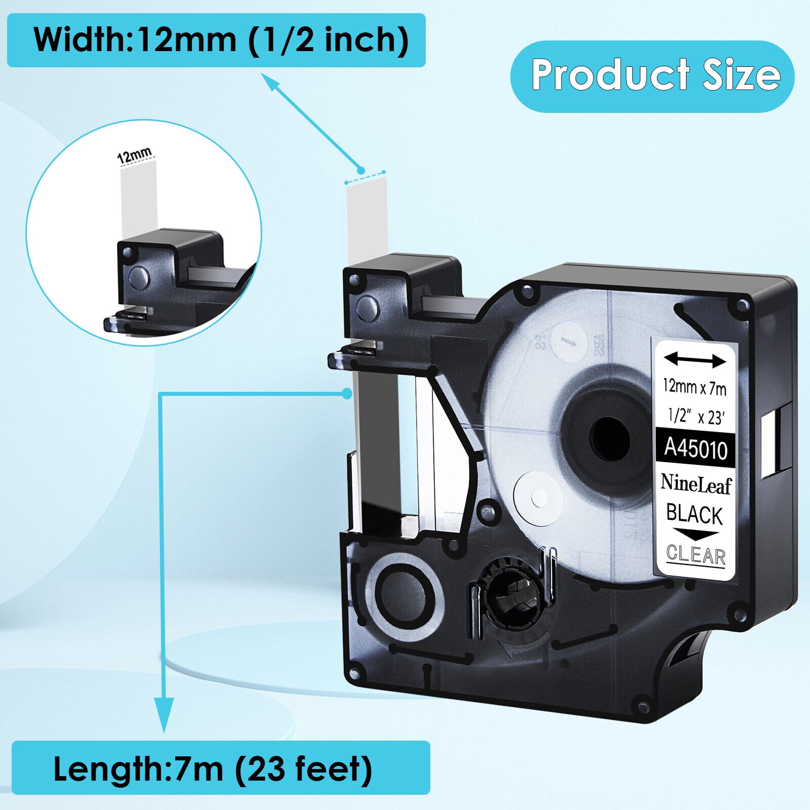 NineLeaf 5PK Compatible for DYMO D1 45010 1/2" x 23' (12mm x 7m) Black on Clear Label Maker Tape for Label Manager 100 120P 160 210D