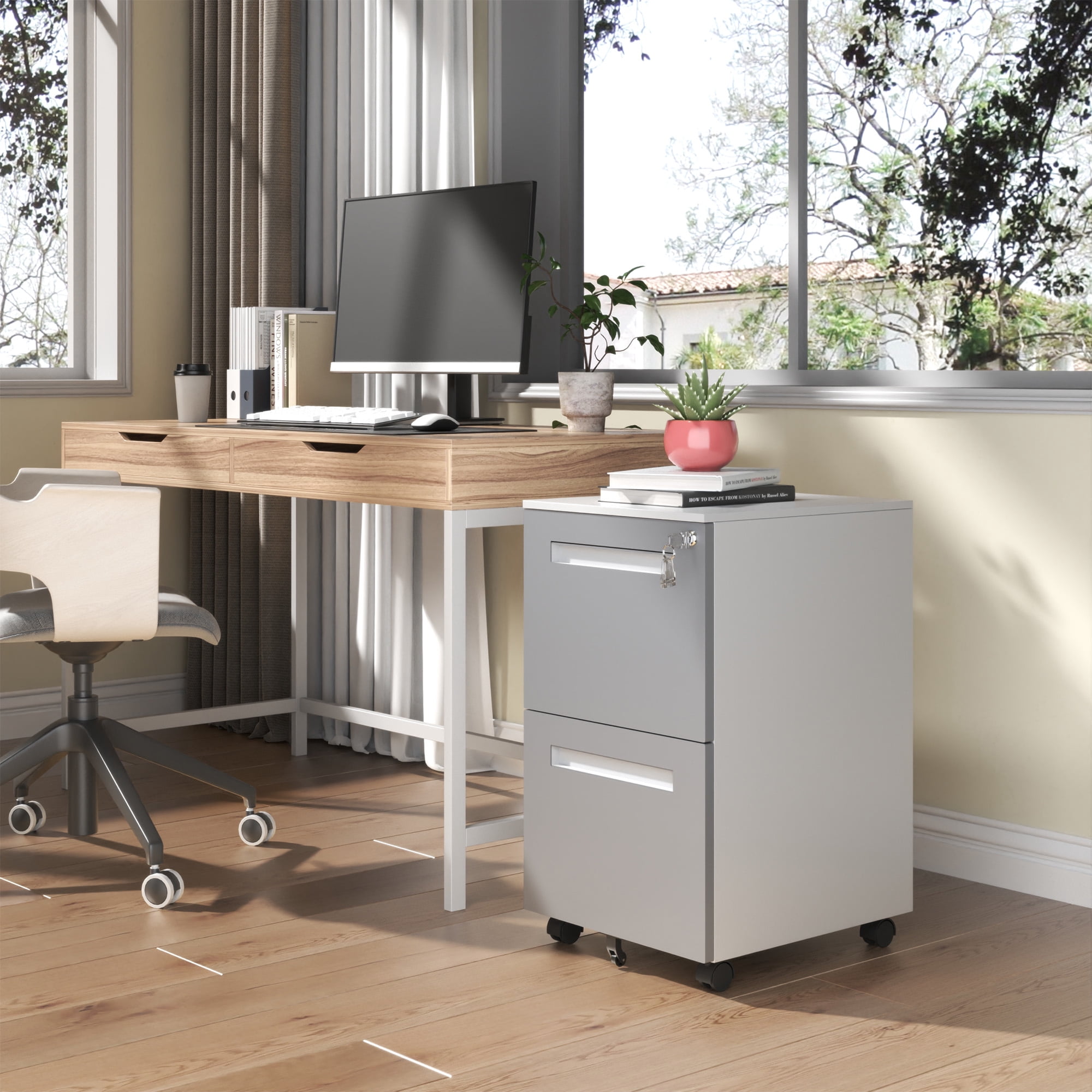 2-Drawer Mobile File Cabinet with Lock, All-Steel Metal Storage Cabinet on 360° Wheels, for Home Office & Commercial Use, Fully Assembled, Holds A4/Letter/Legal Files, 110lbs/Drawer Capacity