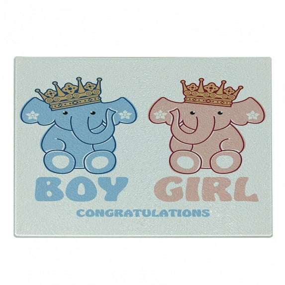 Gender Reveal Cutting Board, Boy and Girl Twins Elephants with Royal Crowns, Decorative Tempered Glass Cutting and Serving Board, in 3 Sizes, by Ambesonne