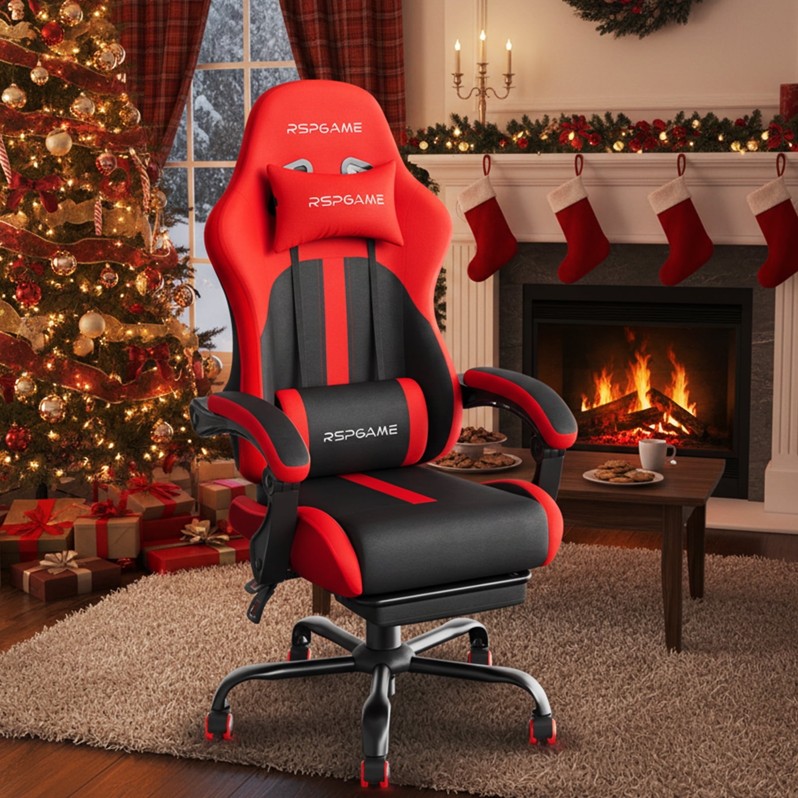 RSPGame Gaming Chair for Adults, PU Leather Office Chair with Lumbar Support and Retractable Footrest, Red Racing