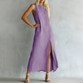 thumbnail image 5 of Guieoi Summer Dresses for Women under $10 Plus Size Decorative Button Cotton-Linen Loose-Fit Sleeveless Slit Hem Maxi Dress Purple L, 5 of 7