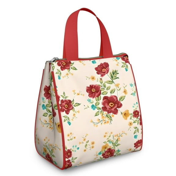 Pioneer Flower Floral Print Pattern Insulated Lunch Bag for Women & Adults,Large Portable Soft Cooler Lunch Bag,Thermal Food Storage Tote with Pearl Cotton,8.66L,8.75x5.75x9.5 Inch